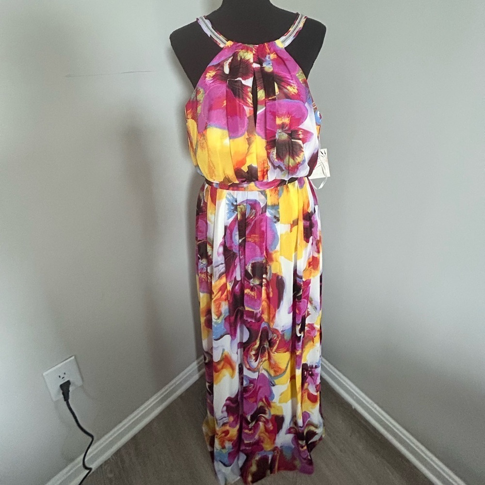 NWT BOSTON PROPER Floral Multi Color High Neck Gown, Size M